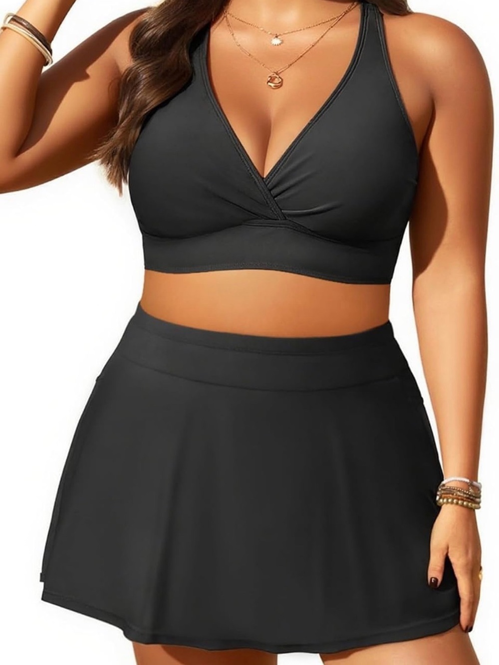 Plus Size Black Swim Skirt with Matching V-Neck Swim Top